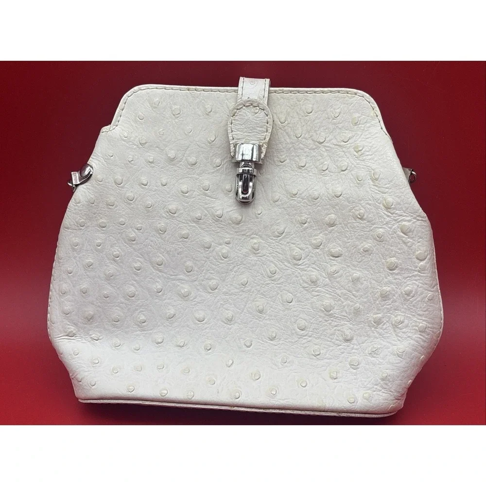 Ivory Ostrich Skin Effect bag w/Clasp Crossbody Purse Borse In Pelle Italy